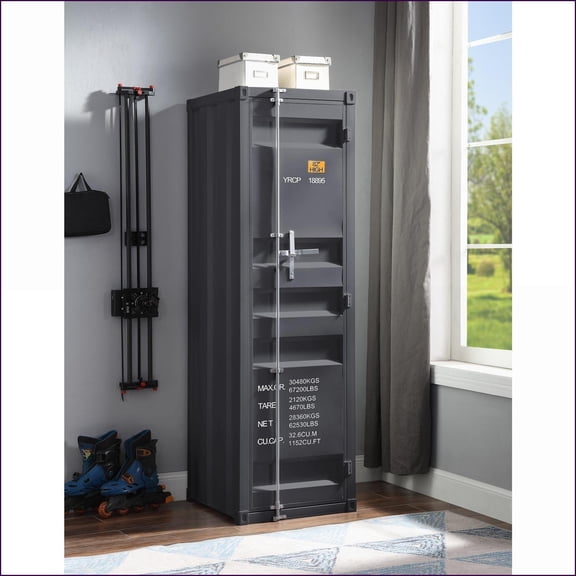 Chests & Wardrobes, Industrial Iron 1-Door Wardrobe with Container Lock, Hanging Rod & Shelf | Gunmetal | Iron