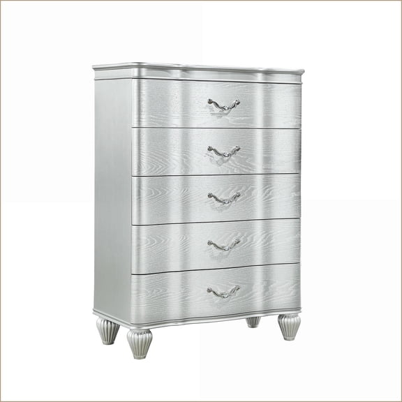 Chests & Wardrobes | Landmark Traditional 5-Drawer Chest with Metal Pulls, Curved Front | Silver | Wood