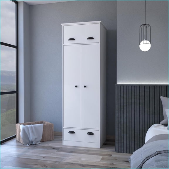Chests & Wardrobes | Linch Armoire with Double Door, Hinged Top Drawer & Lower Drawer | White | Particle Board