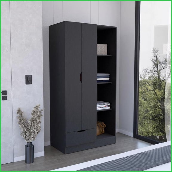 Chests & Wardrobes | Memphis Armoire with 4-Tier Shelves & Drawer | Black | Particle Board