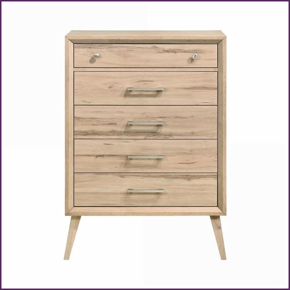 Chests & Wardrobes, Mid-Century Modern 5-Drawer Chest | Natural Oak Melamine | Brushed Nickel | Oak | Wood