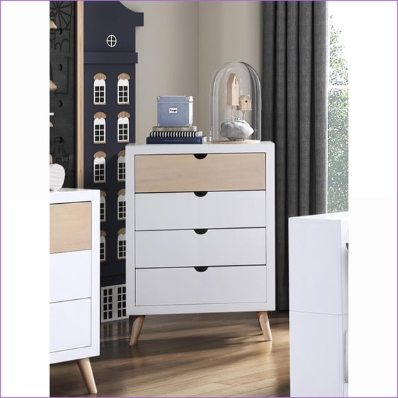 Chests & Wardrobes | Mid-Century Modern Youth 4-Drawer Storage Chest | Pine Veneer | White & Natural | Natural | White