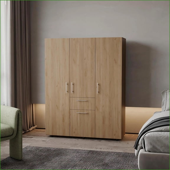 Chests & Wardrobes, Modern 4-Door Armoire with 3 Hanging Rods & Drawer | Natural Wood | Particle Board