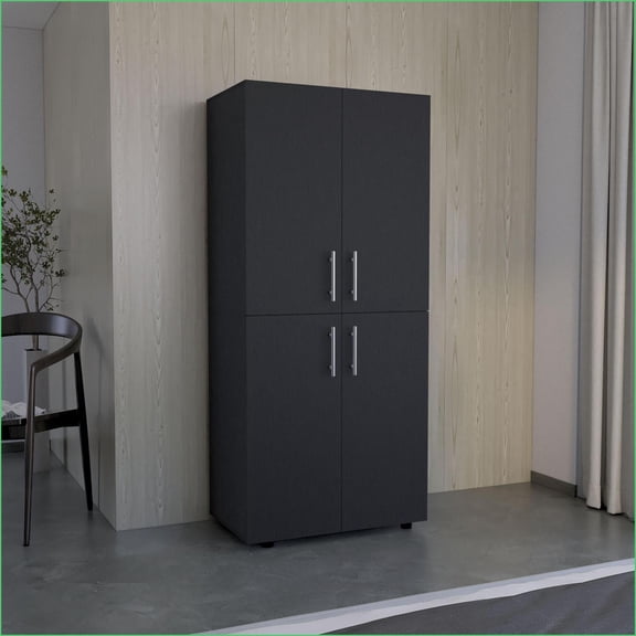 Chests & Wardrobes, Modern 4-Door Wardrobe with 6 Shelves & 2 Rods, 70.8"H | Black | Engineered Wood