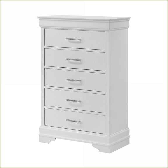Chests & Wardrobes Modern 5-Drawer Tall Chest White Texture Solid Wood Crystal Tufted Handle | White | Wood
