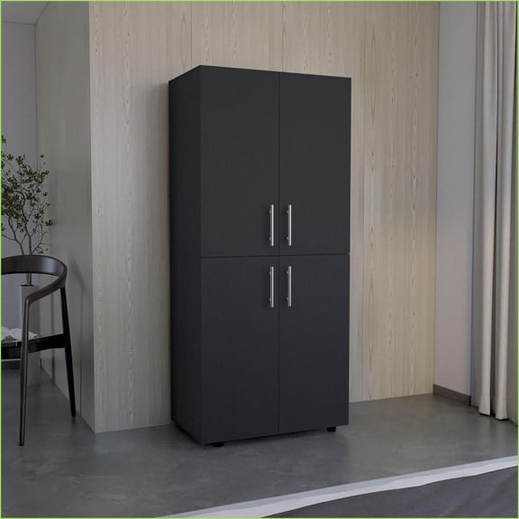 Chests & Wardrobes, Modern 70.8"H 4-Door Wardrobe with 6 Shelves & 2 Hanging Rods | Black | Engineered Wood