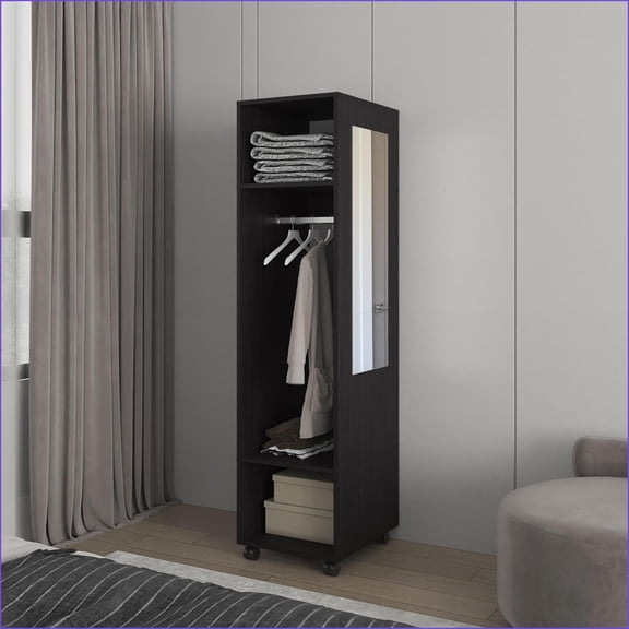 Chests & Wardrobes, Modern Devon Bedroom Wardrobe with Shelves, Clothing Rod & Mirror | Black | Engineered Wood