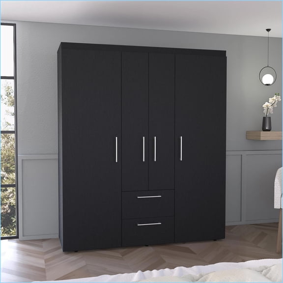 Chests & Wardrobes, Modern Multi-Section Storage Wardrobe with Hanging Rods, Shelves, 2 Drawers | Black | Particle Board