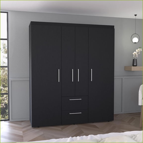 Chests & Wardrobes, Modern Multi-Section Wardrobe with Hanging Rods, Shelves & 2 Drawers | Black | Particle Board
