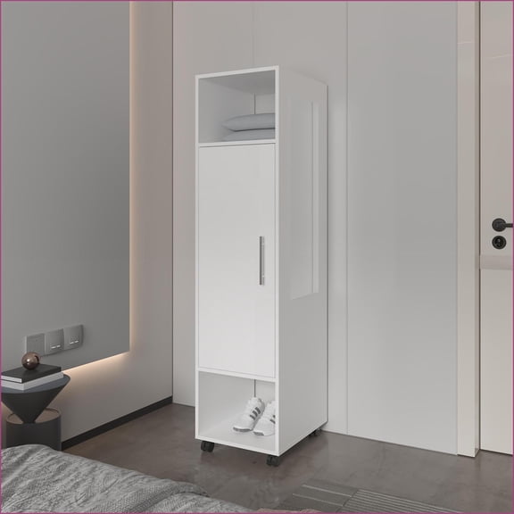 Chests & Wardrobes, Modern Compact Wardrobe with Open Storage & Mirror | Melamine | White
