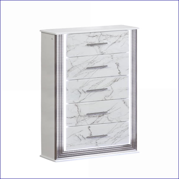 Chests | Modern White 5-Drawer Chest with Marble Drawers, LED Panels & Metallic Trim | White | Wood