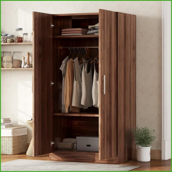 Chests & Wardrobes, Rustic 2-Door Armoire with 3 Shelves & Clothing Rod | Brown | Pine Wood+MDF