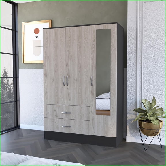 Chests & Wardrobes: Small 2-Drawer Mirror Door Armoire, Black Wengue & Light Gray | Wenge | Particle Board