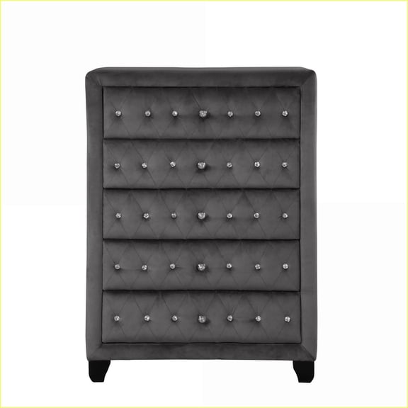 Chests & Wardrobes | Sophia Modern Hollywood Regency 5-Drawer Crystal Tufted Velvet Chest | Gray | Wood