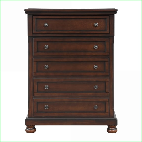 Chests & Wardrobes, Transitional 5-Drawer Birch Veneer Chest, Brown Cherry Finish | Wood | Brown Mix