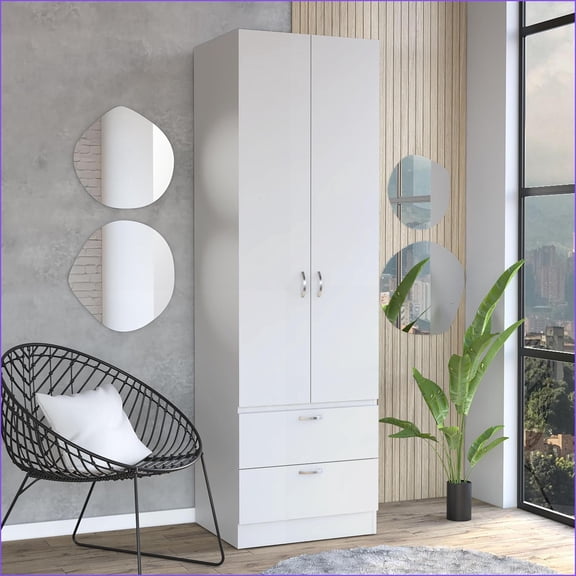Chests & Wardrobes, Vico 76'' High Armoire Wardrobe Closet with 2 Drawers, Double Door, Shelf & Hanging Rod | White | Engineered Wood