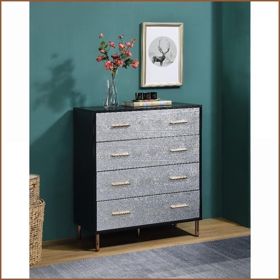 Chests with 4 Drawers, Faux Crocodile Fronts | Black/Silver/Gold Finish | Metal Legs