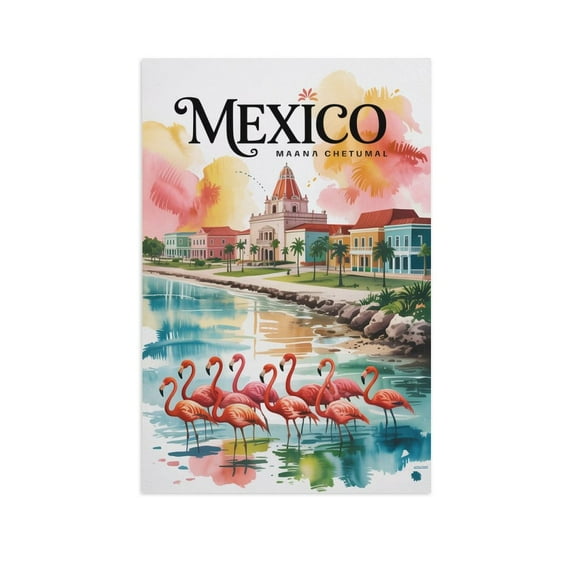 Chetumal Retro City Travel Poster with Mayan Museum And Bayside Tropical Scene Canvas Poster