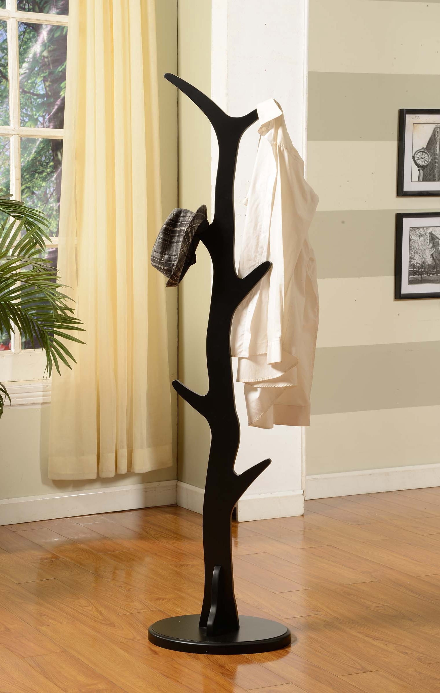 Chetwin Black Wood Entryway Tree Coat & Hat Rack, 6 Hooks, Contemporary ...