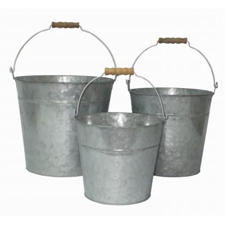 Cheung's FP-3743-3 Set of 3 Galvanized Metal Bucket with Natural Wood Grip Handle