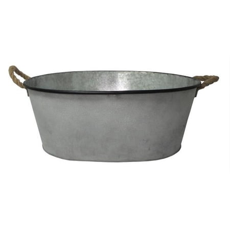 Cheung's Large Oval Galvanized Metal Bucket with Rope Handle and Black Rim