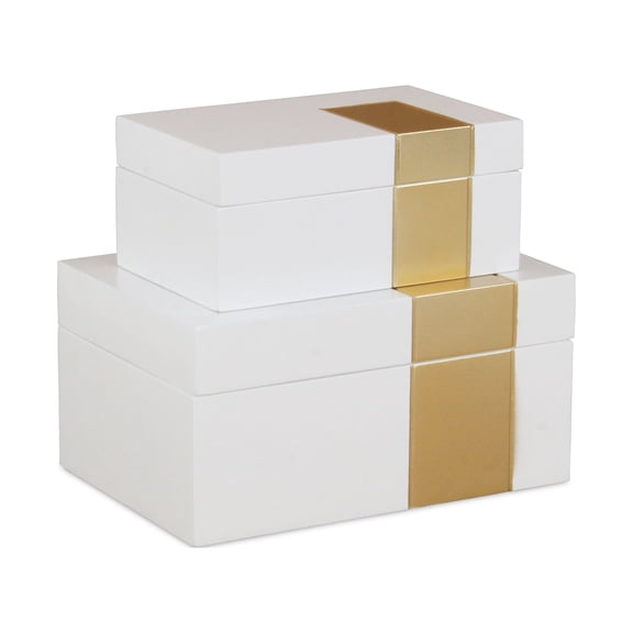 White Wooden Decorative Box with Golden Band Accent (Set of 2)