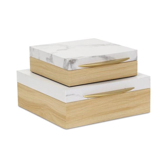 Cheungs 6047-2SQ Marveo Wood & Faux Marble Square Storage Box Set, White & Natural