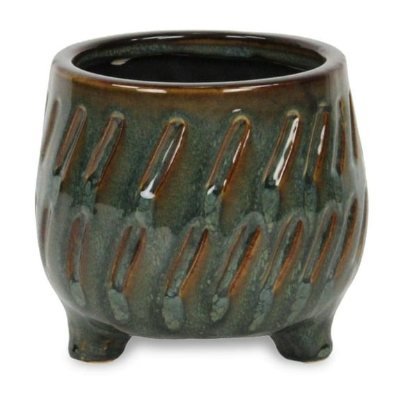 Cheungs Astrona Raised Round Dual Band Diagonal Patterned Ceramic Pot - Dark Copper Small