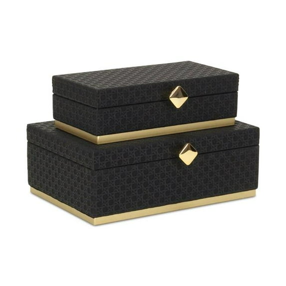 Baskura Vinyl Rattan Rectangular Box Set - Black- Gold Metal Base -