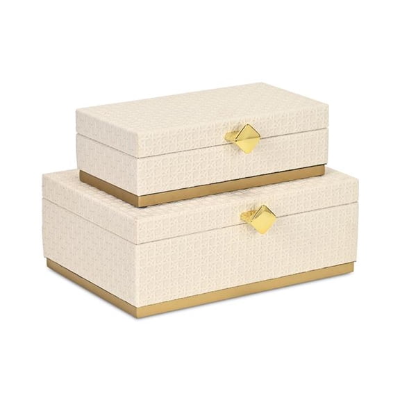 Baskura Vinyl Rattan Rectangular Box Set - White - Gold Metal Base -