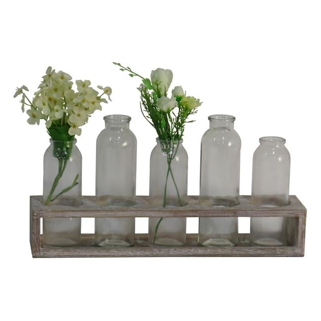 Rustic Wooden Stand with Clear Glass Bottles Decor