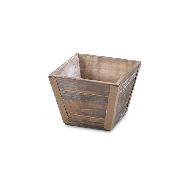 Medium Brown Wooden Square Planter with Metal Accents
