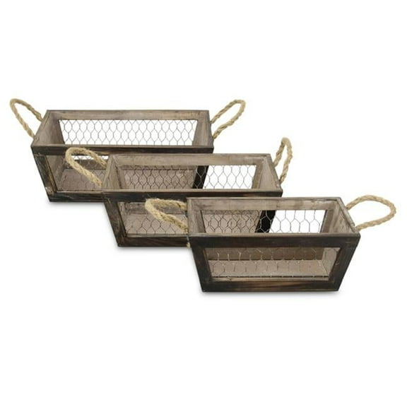 Set of 3 Tapered Wood Crates with Wire Panels