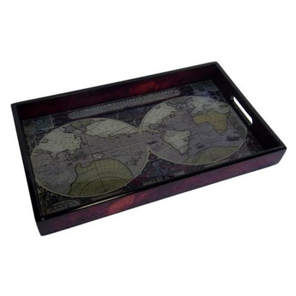 Cheungs FP-4422 Wood Tray with Glass Top Map Design - 9.5 x 1.75 x 15.75 in.