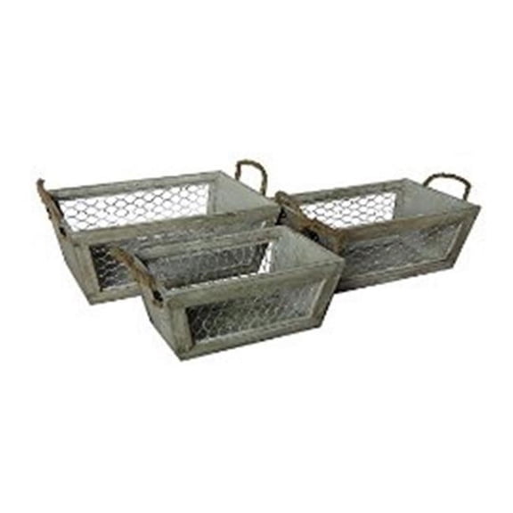Irona Set of 3 Tapered Wood and Wire Crates - White