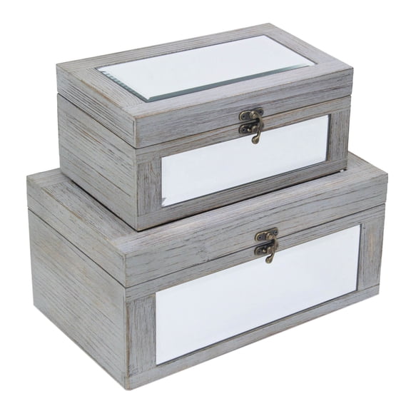 Cheungs Set Of 2 Gray Washed Mirrored Wood Boxes