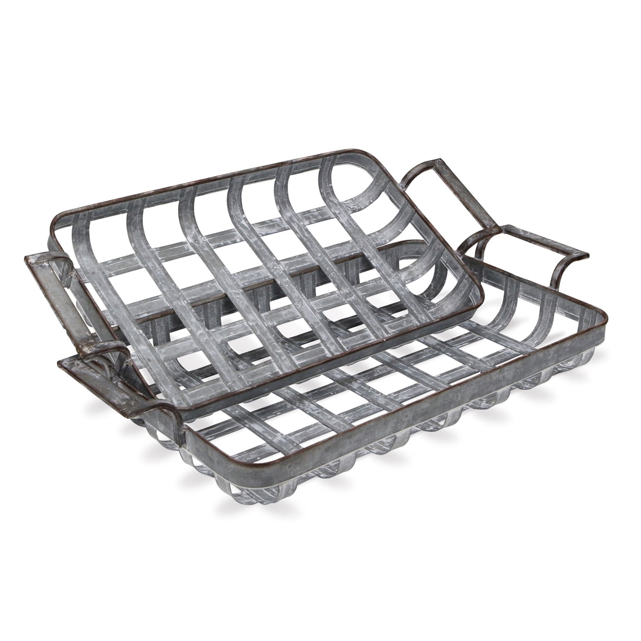 Gray Galvanized Metal Rectangular Woven Trays with Side Handles