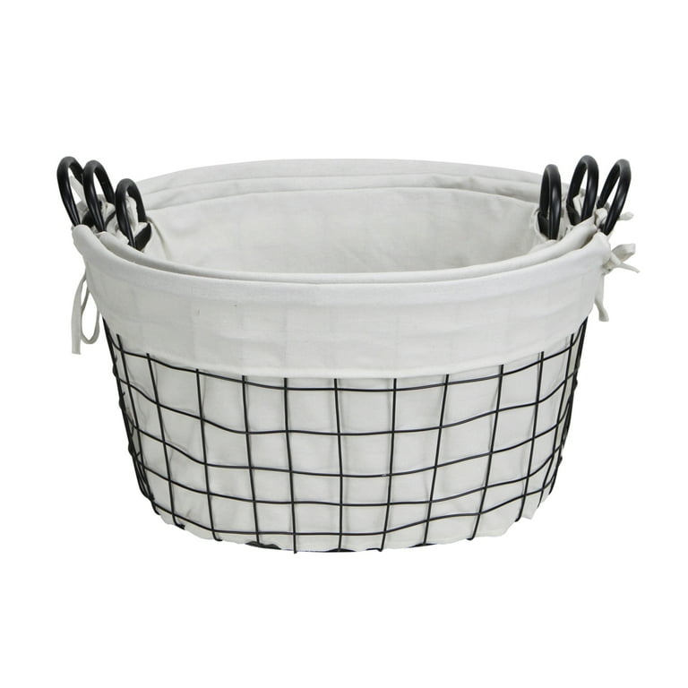 Set Of 3 Oval White Lined And Metal Wire Baskets With Handles Set Of 3 Oval White Lined And Metal Wire Baskets With Handles