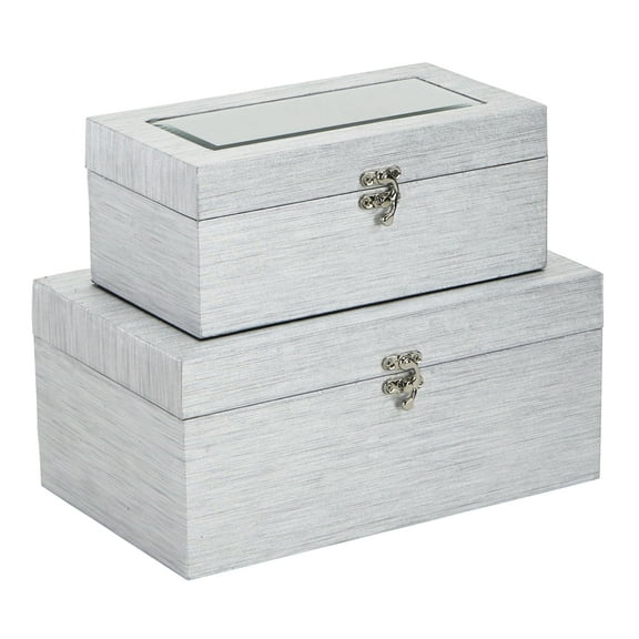 Cheungs Silver Vinyl Boxes With Top Mirror - Set Of 2