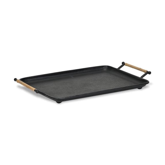 Syla Black Metal Tray with Wicker Wrapped Handles