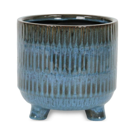 Cheungs Victrola Raised Round Tri-Band Lined Pattern Ceramic Pot - Blue Large