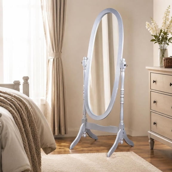 Cheval Mirror, Silver Queen Anne Style, Oval Glass, Freestanding Wood Floor Stand