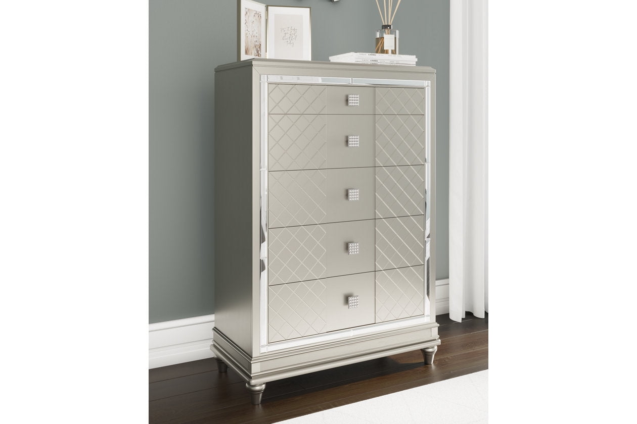 Gray Transitional 5-Drawer Chest with Beveled Mirror Detailing