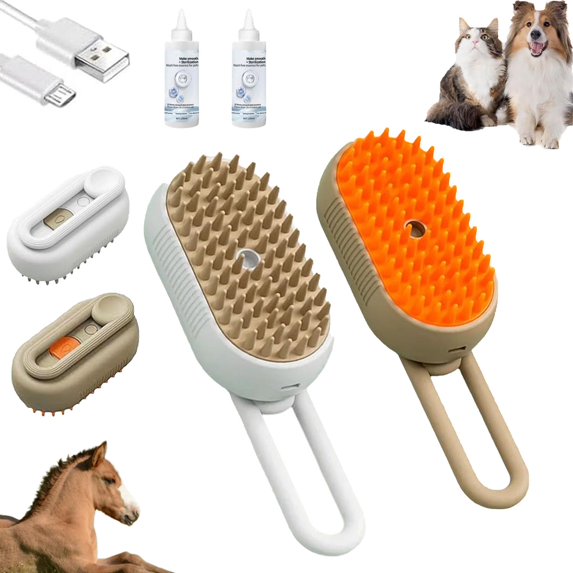 Chevaroo Horse Steam Brush, One-Click Spray Brush, Horse Hair Removal and Grooming Tool with 3 In 1 Function for Cleaning Pet Hair (Khaki+White)