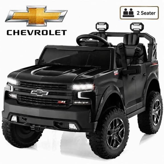 Conchico Licensed Chevrolet Silverado 24V Kids Ride On Truck, Chevy 2 Seater Battery Powered Ride On Car with Parent Remote Control, Music, Durable Wheels, Black