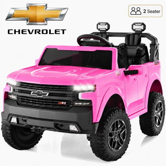 Conchico Licensed Chevrolet Silverado 24V Kids Ride On Truck, Chevy 2 Seater Battery Powered Ride On Car with Parent Remote Control, Music, Durable Wheels, Pink