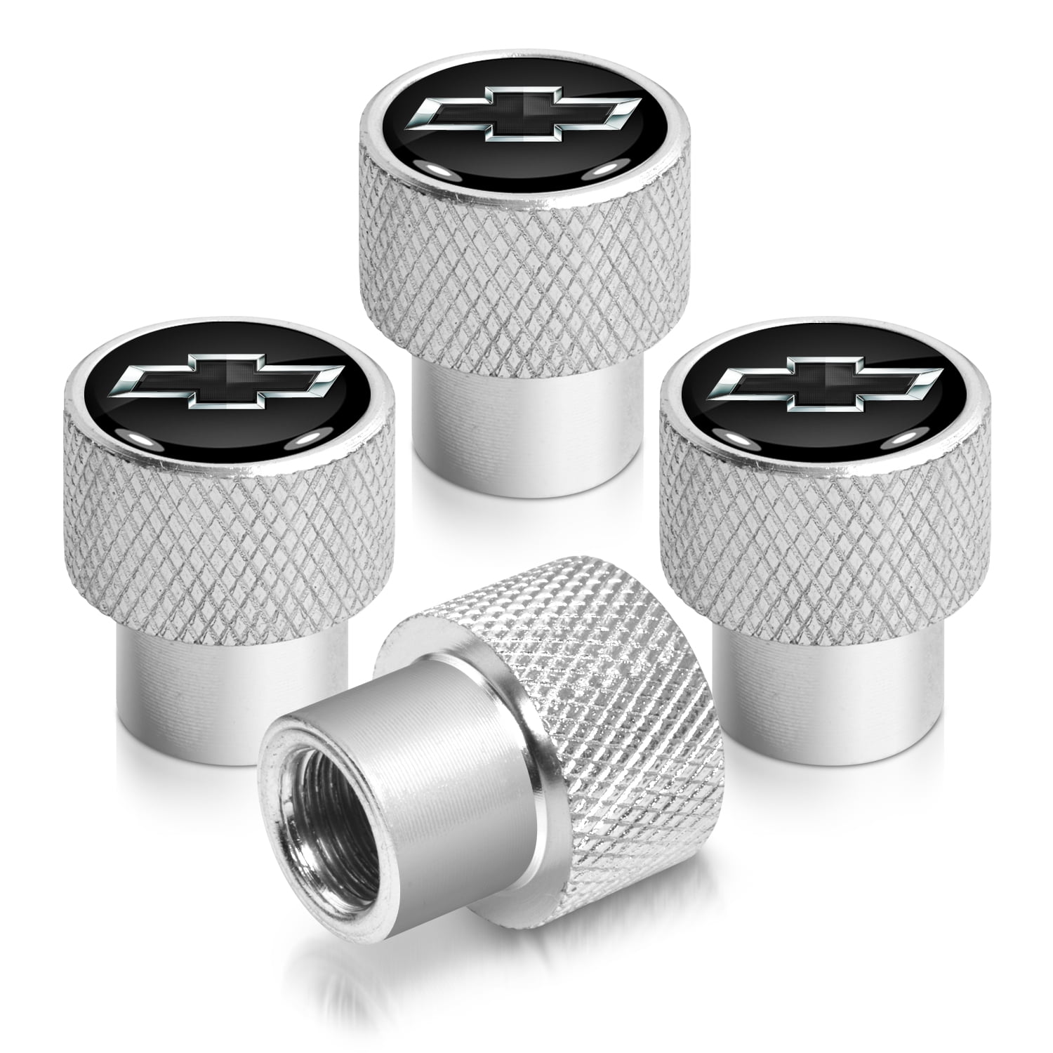 Chevrolet Black Logo in Black on Shining Silver Aluminum Tire Valve Stem Caps