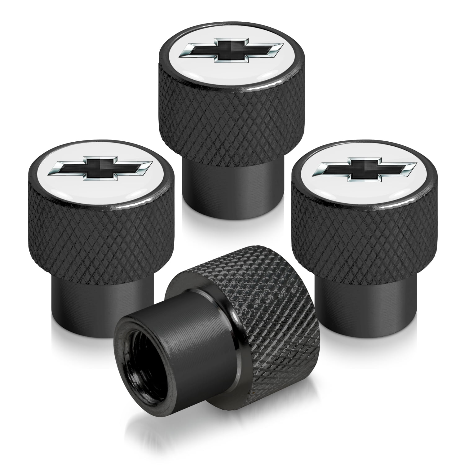 Chevrolet Black Logo in White on Black Aluminum Tire Valve Stem Caps