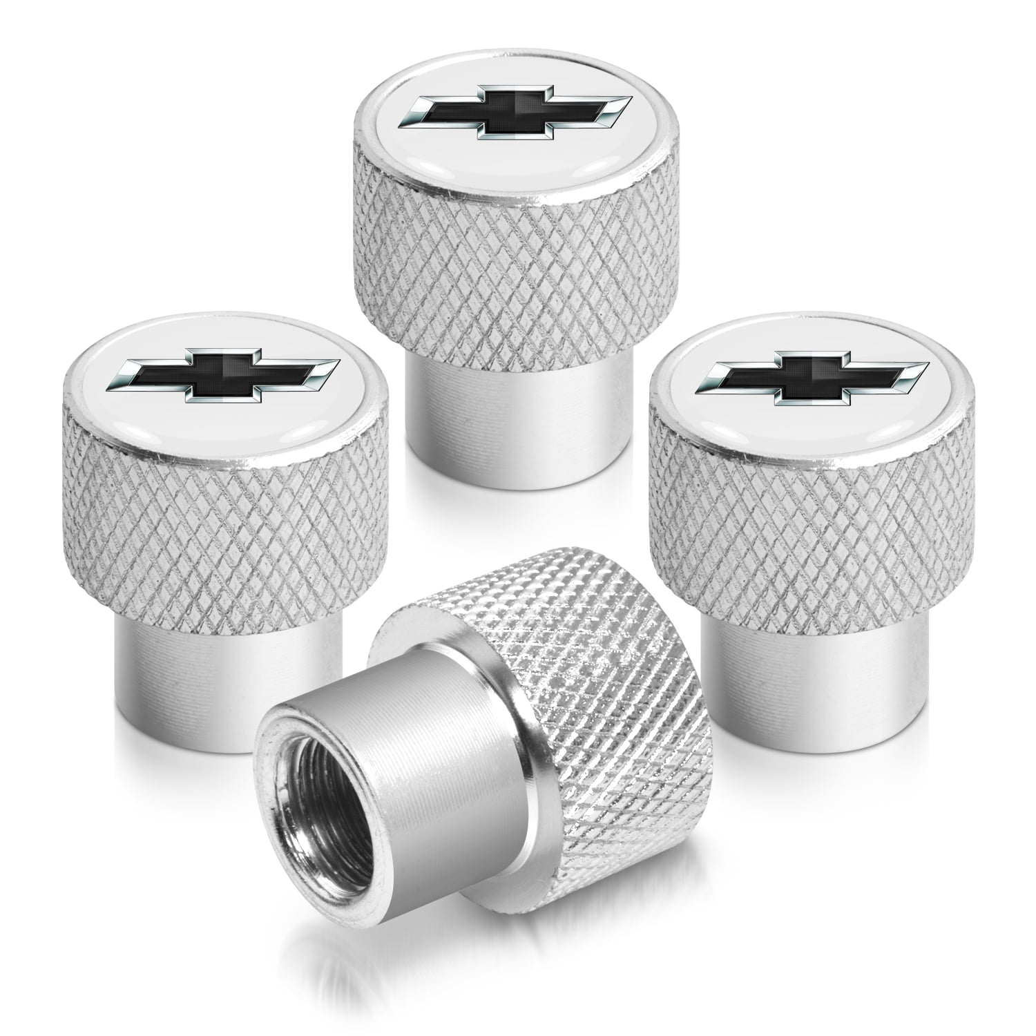 Chevrolet Black Logo in White on Shining Silver Aluminum Tire Valve Stem Caps