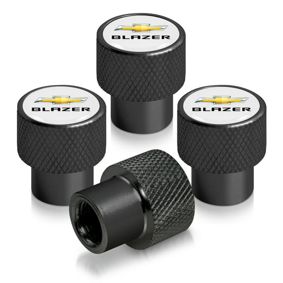 Chevrolet Blazer Dual Logo in White on Black Aluminum Tire Valve Stem Caps